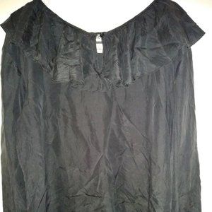 Black Satin Blouse with Ruffled Collar